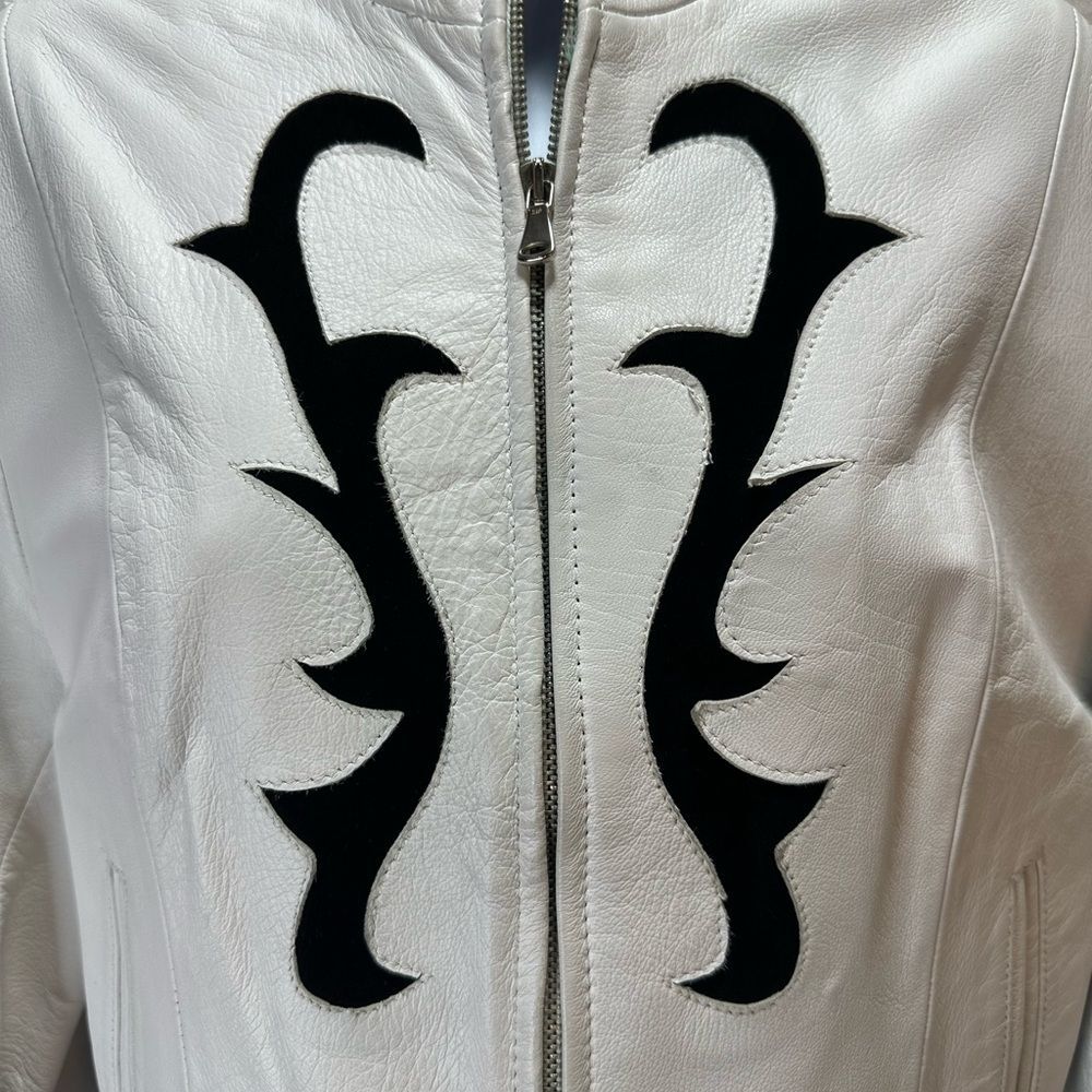 Vera Pelle Vintage White Leather Jacket with Black Design Size XL - Picture 5 of 10